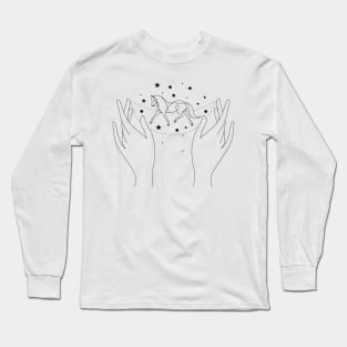 Horse in hands line art. Horse with stars line drawing Long Sleeve T-Shirt